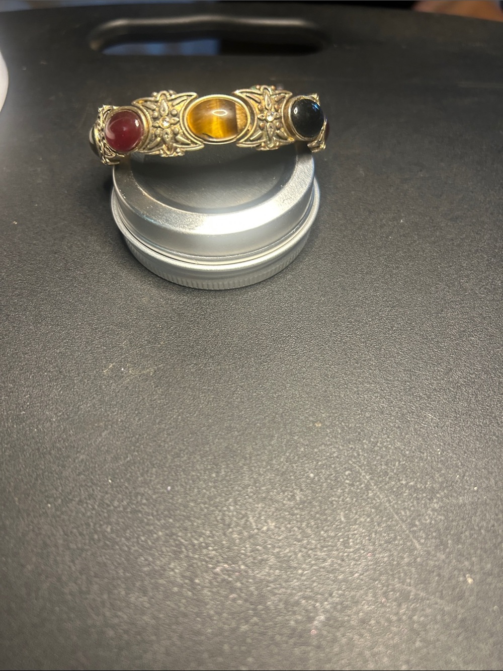 Gold-Tone Multi-Stone Cuff Bracelet with Red, Tiger Eye and Black Stones